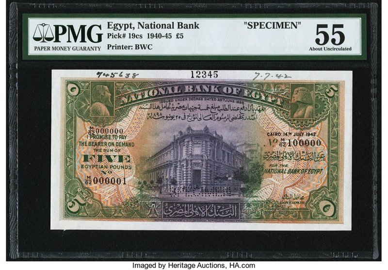 Egypt National Bank of Egypt 5 Pounds 14.7.1942 Pick 19cs Specimen PMG About Unc...