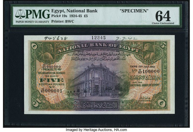 Egypt National Bank of Egypt 5 Pounds 15.7.1942 Pick 19s Specimen PMG Choice Unc...