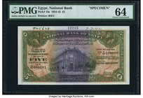 Egypt National Bank of Egypt 5 Pounds 15.7.1942 Pick 19s Specimen PMG Choice Uncirculated 64. A handsome Specimen from 1942, and desirable in this for...