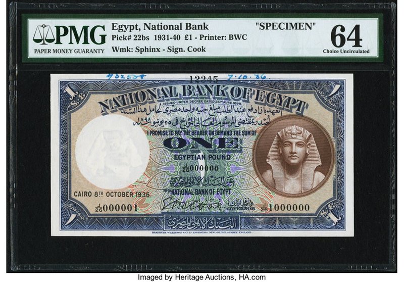 Egypt National Bank of Egypt 1 Pound 8.10.1936 Pick 22bs Specimen PMG Choice Unc...