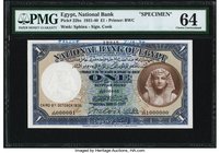 Egypt National Bank of Egypt 1 Pound 8.10.1936 Pick 22bs Specimen PMG Choice Uncirculated 64. A handsome Specimen of the scarce 1936 date, which is se...
