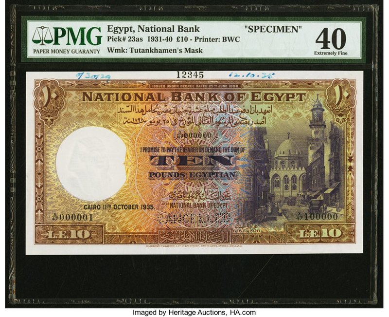 Egypt National Bank of Egypt 10 Pounds 11.10.1935 Pick 23as Specimen PMG Extreme...