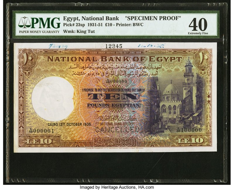 Egypt National Bank of Egypt 10 Pounds 12.10.1935 Pick 23sp Specimen Proof PMG E...