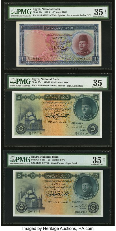Egypt National Bank of Egypt Five Examples PMG Graded. 1 Pound 1950 Pick 24a Cho...