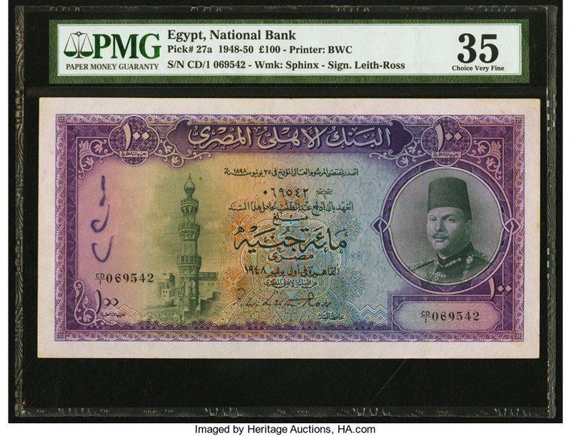 Egypt National Bank of Egypt 100 Pounds 7.2.1950 Pick 27a PMG Choice Very Fine 3...