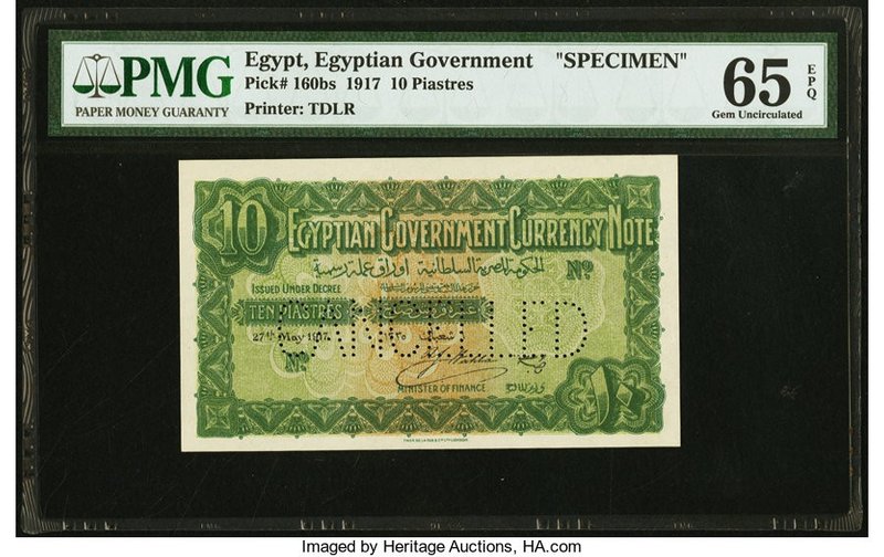 Egypt Egyptian Government 10 Piastres 27.5.1917 Pick 160bs Specimen PMG Gem Unci...