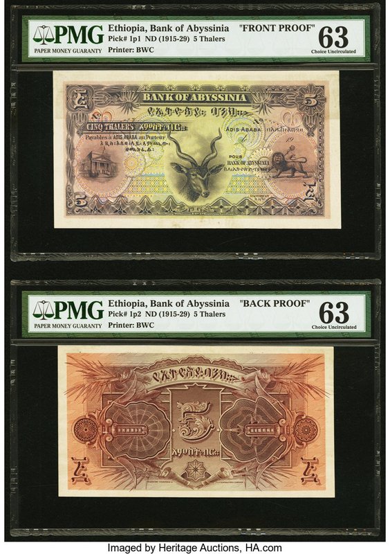 Ethiopia Bank of Abyssinia 5 Thalers 1915-29 Pick 1p1; Pick 1p2 Face and Back Pr...