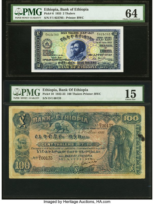 Ethiopia Bank of Ethiopia 2; 100 Thalers 1.6.1933; 1.5.1932 Pick 6; 10 Two Examp...