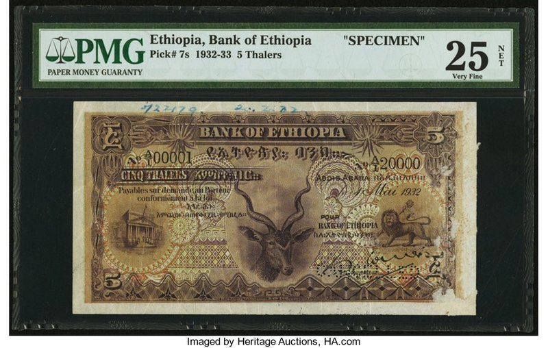 Ethiopia Bank of Ethiopia 5 Thalers 1.5.1932 Pick 7s Specimen PMG Very Fine 25 N...