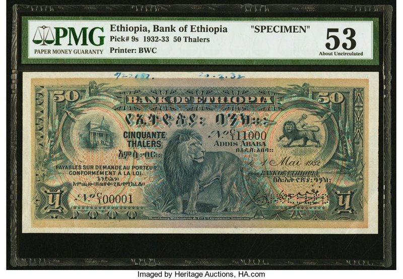 Ethiopia Bank of Ethiopia 50 Thalers 1.5.1932 Pick 9s Specimen PMG About Uncircu...