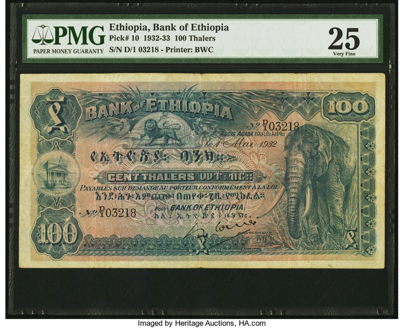 Ethiopia Bank of Ethiopia 100 Thalers 1.5.1932 Pick 10 PMG Very Fine 25. Always ...