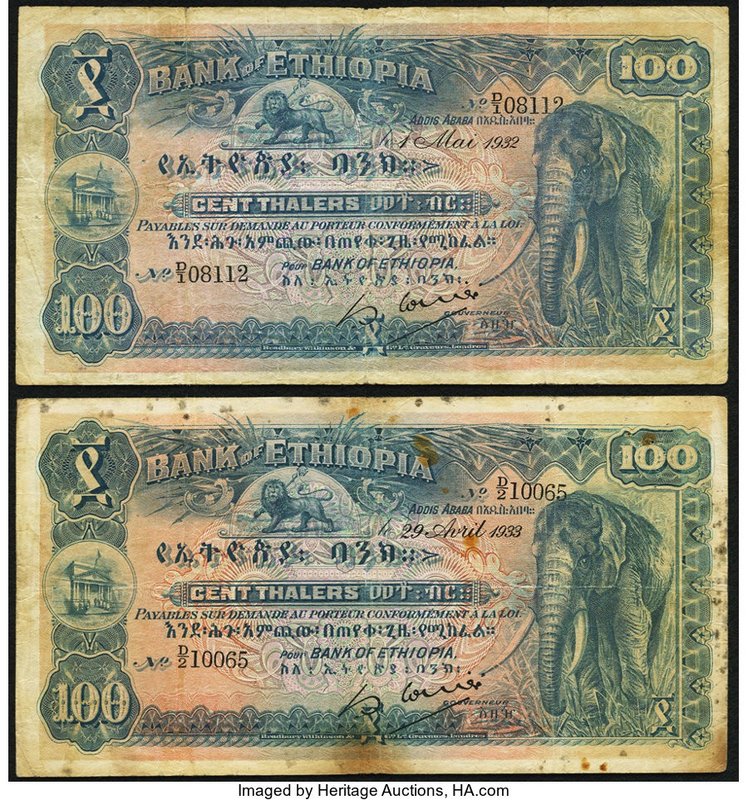 Ethiopia Bank of Ethiopia 100 Thalers 1.5.1932; 29.4.1933 Pick 10 Two Examples F...