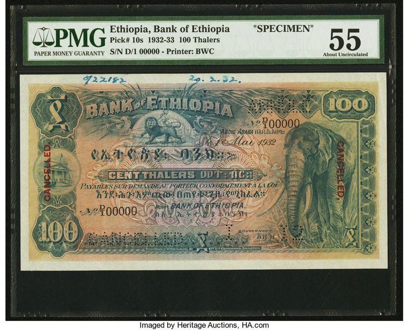 Ethiopia Bank of Ethiopia 100 Thalers 1.5.1932 Pick 10s Specimen PMG About Uncir...