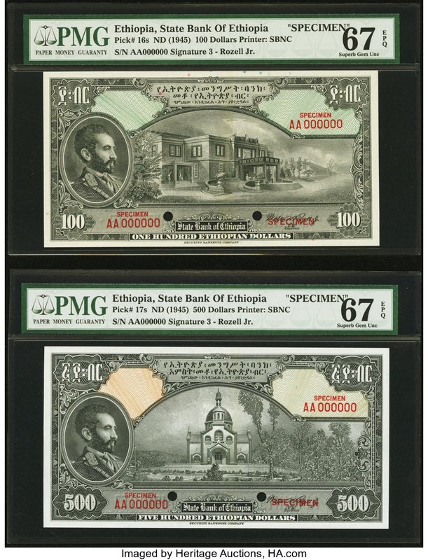 Ethiopia State Bank of Ethiopia 100; 500 Thalers ND (1945) Pick 16s; 17s Two Spe...