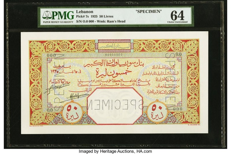 Lebanon Banque de Syrie et du Grand-Liban 1925 50 Livres Pick 7s Specimen PMG Ch...