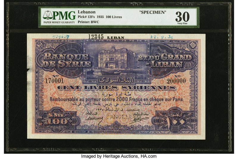 Lebanon Banque de Syrie et du Grand-Liban 100 Livres 1935 Pick 12Fs Specimen PMG...