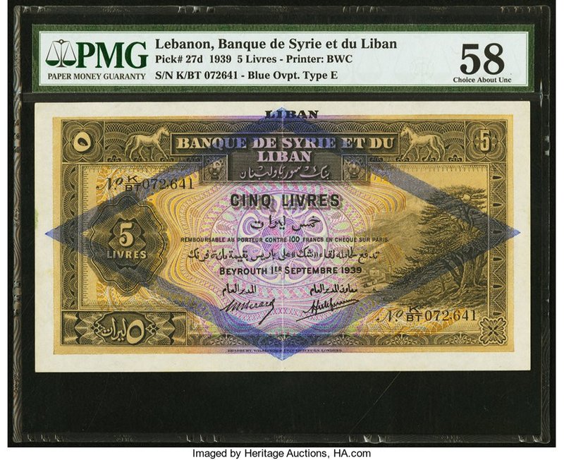 Lebanon Banque de Syrie et du Liban 5 Livres 1.9.1939 Pick 27d PMG Choice About ...