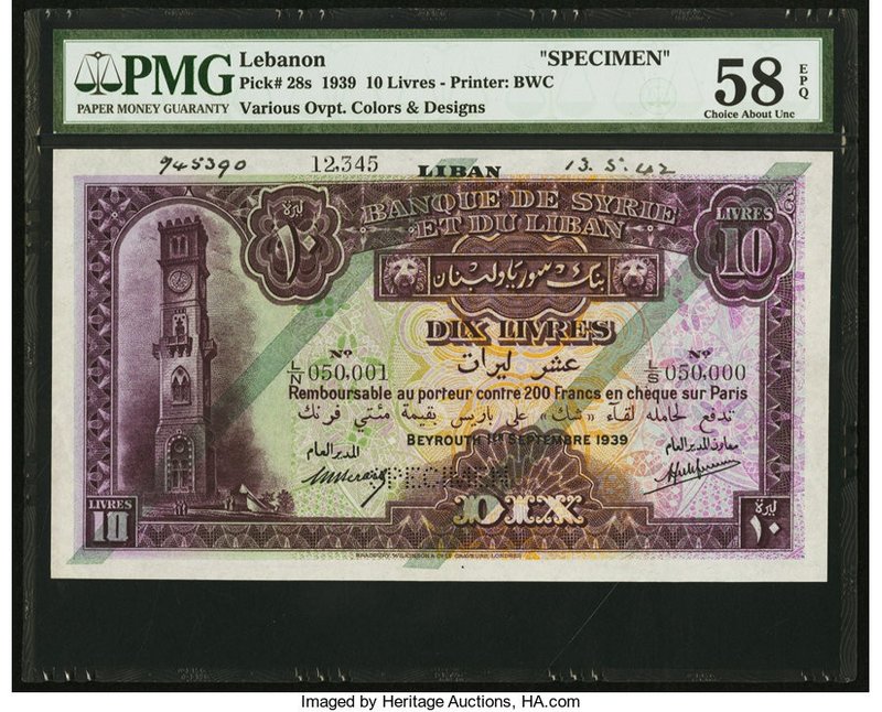 Lebanon Banque de Syrie et du Liban 10 Livres 1.9.1939 Pick 28s Specimen PMG Cho...