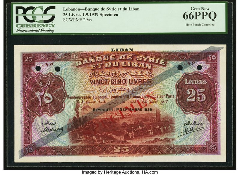 Lebanon Banque de Syrie et du Liban 25 Livres 1.9.1939 Pick 29as Specimen PCGS G...