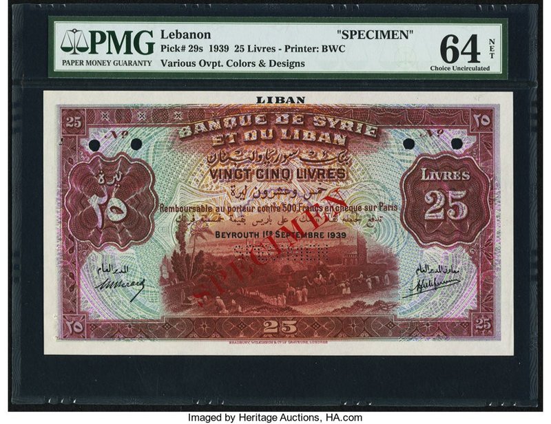 Lebanon Banque de Syrie et du Liban 25 Livres 1.9.1939 Pick 29s Specimen PMG Cho...