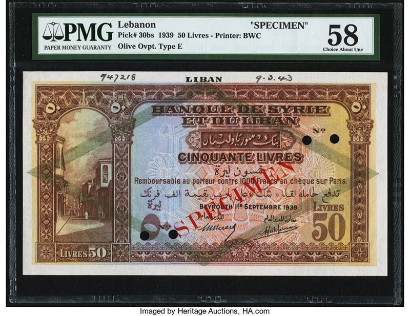 Lebanon Banque de Syrie et du Liban 50 Livres 9.1.1939 Pick 30bs Specimen PMG Ch...