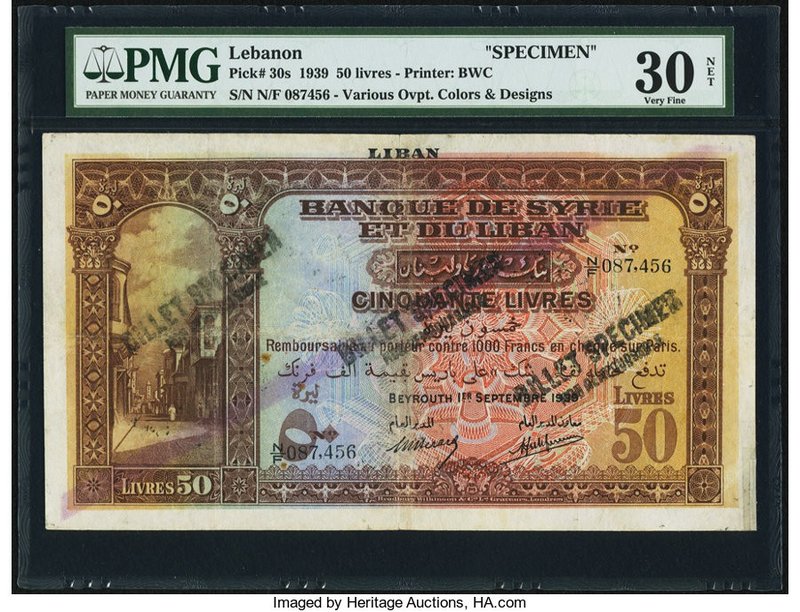 Lebanon Banque de Syrie et du Liban 50 Livres 1.9.1939 Pick 30s Specimen PMG Ver...