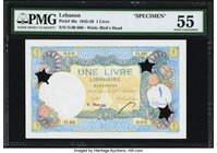 Lebanon Banque de Syrie et du Liban 1 Livre 1945 Pick 48s Specimen PMG About Uncirculated 55. Designed by Serveau and engraved by Deloche, this French...