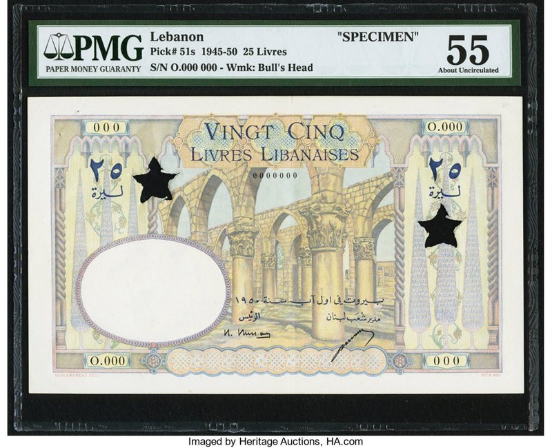 Lebanon Banque de Syrie et du Liban 25 Livres 1950 Pick 51s Specimen PMG About U...