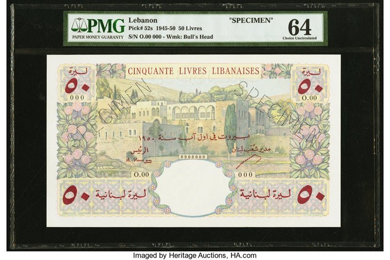 Lebanon Banque de Syrie et du Liban 50 Livres 1950 Pick 52s Specimen PMG Choice ...