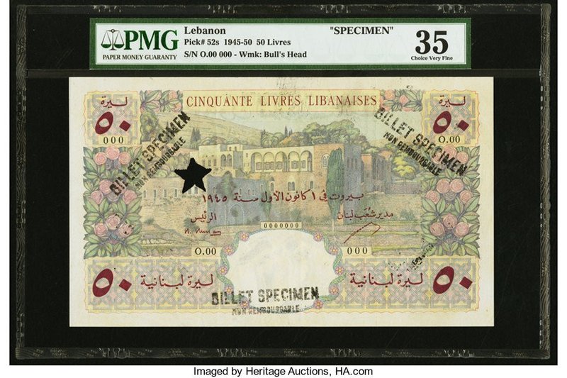 Lebanon Banque de Syrie et du Liban 50 Livres 1.12.1945 Pick 52s Specimen PMG Ch...