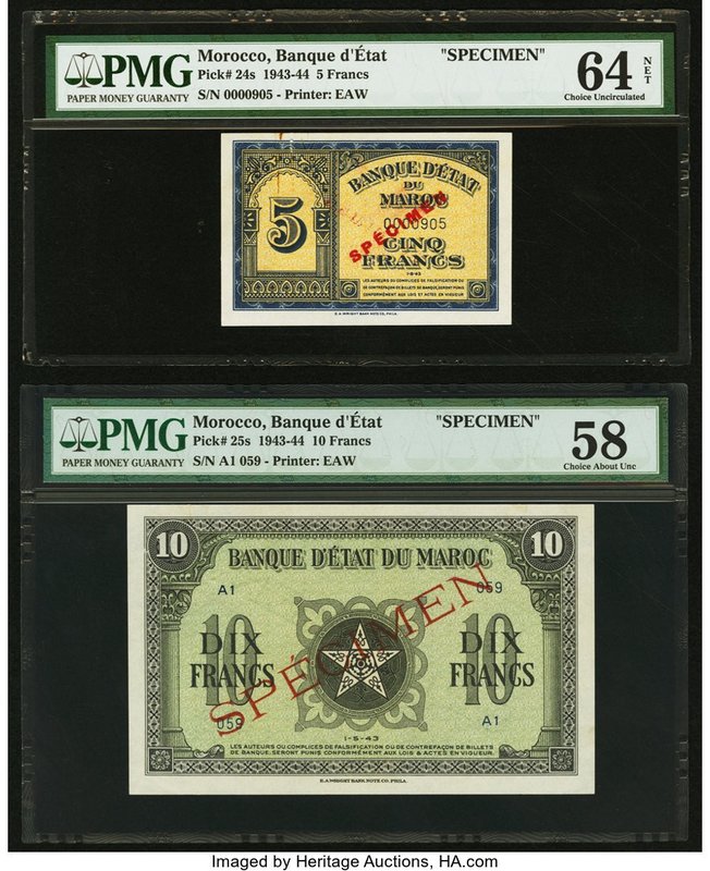 Morocco Banque d'Etat du Maroc 5; 10 Francs 1943-44 Pick 24s; 25s Two Specimens ...
