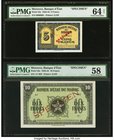 Morocco Banque d'Etat du Maroc 5; 10 Francs 1943-44 Pick 24s; 25s Two Specimens PMG Choice About Unc 58; Choice Uncirculated 64 Net. A pair of WWII Sp...