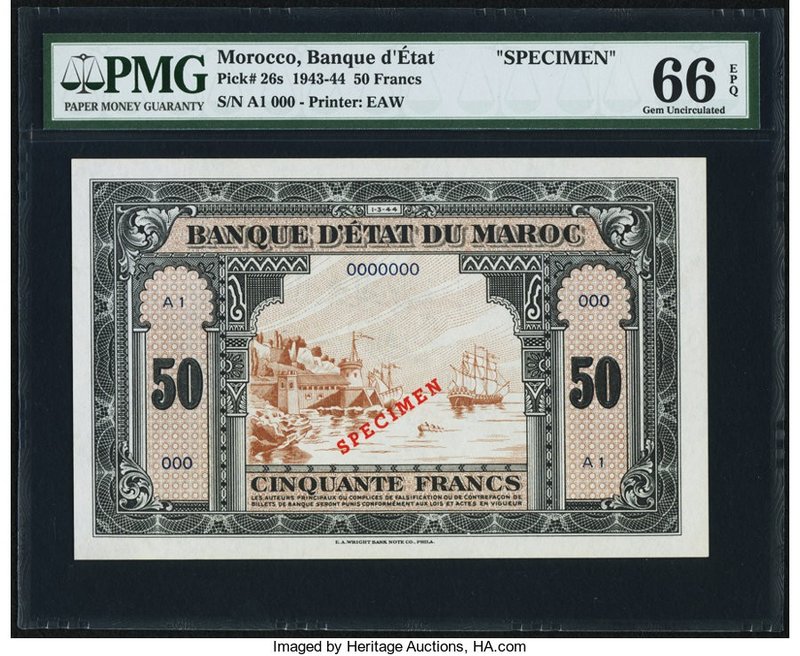 Morocco Banque d'Etat du Maroc 50 Francs 1.3.1944 Pick 26s Specimen PMG Gem Unci...
