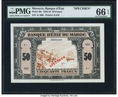 Morocco Banque d'Etat du Maroc 50 Francs 1.3.1944 Pick 26s Specimen PMG Gem Uncirculated 66 EPQ. Due to the Vichy takeover of France and the Banque de...