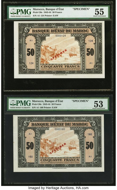 Morocco Banque d'Etat du Maroc 50 Francs 1.8.1943 Pick 26s Two Specimens, Serial...