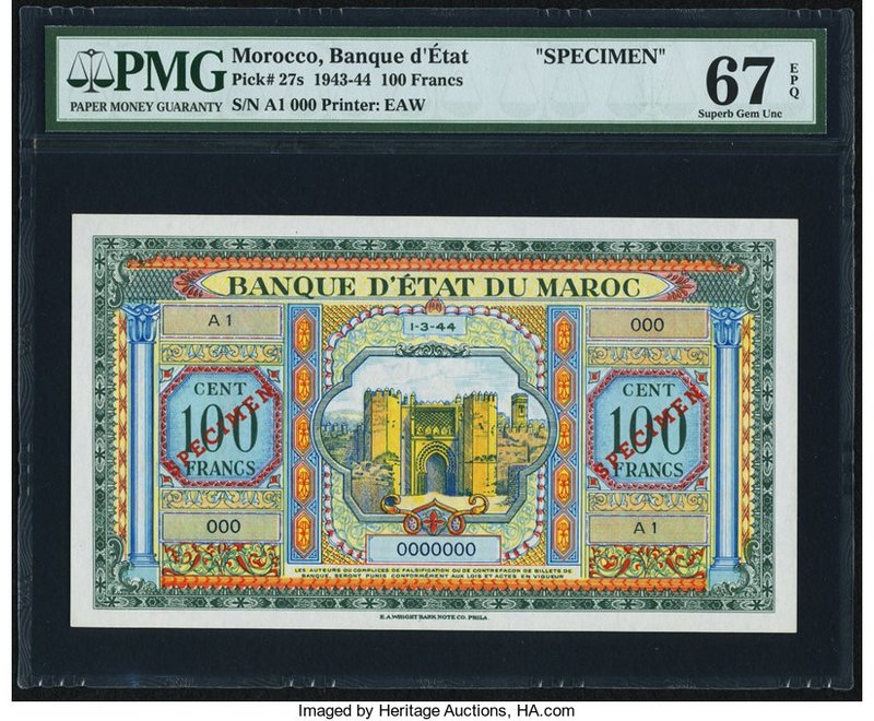 Morocco Banque d'Etat du Maroc 100 Francs 1.3.1944 Pick 27s Specimen PMG Superb ...