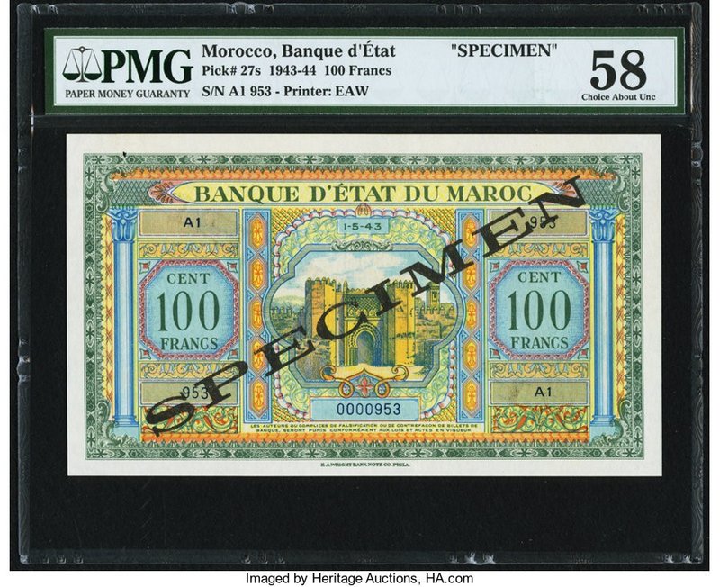 Morocco Banque d'Etat du Maroc 100 Francs 1.5.1943 Pick 27s Specimen PMG Choice ...