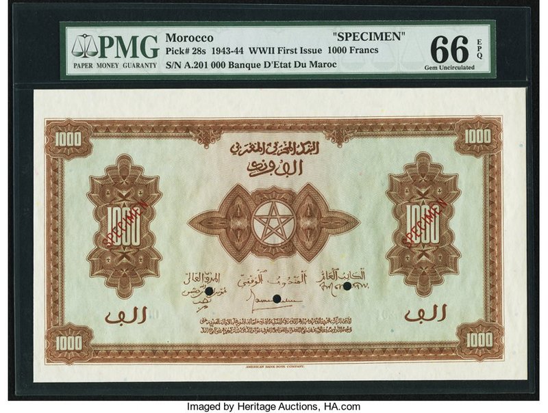 Morocco Banque d'Etat du Maroc 1000 Francs 1.3.1944 Pick 28s Specimen PMG Gem Un...
