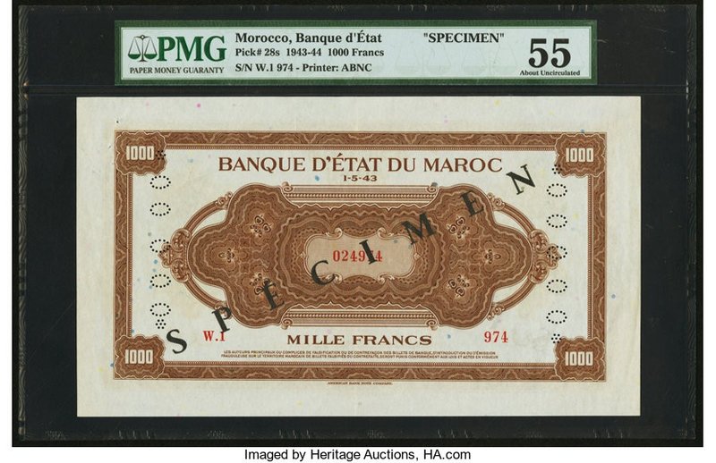 Morocco Banque d'Etat du Maroc 1000 Francs 1.5.1943 Pick 28s Specimen PMG About ...
