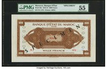 Morocco Banque d'Etat du Maroc 1000 Francs 1.5.1943 Pick 28s Specimen PMG About Uncirculated 55. A handsome and interesting American-style Specimen, a...