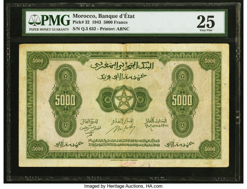 Morocco Banque d'Etat du Maroc 5000 Francs 1.8.1943 Pick 32 PMG Very Fine 25. Th...