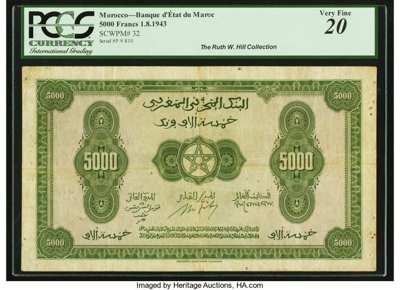 Morocco Banque d'Etat du Maroc 5000 Francs 1.8.1943 Pick 32 PCGS Very Fine 20. A...