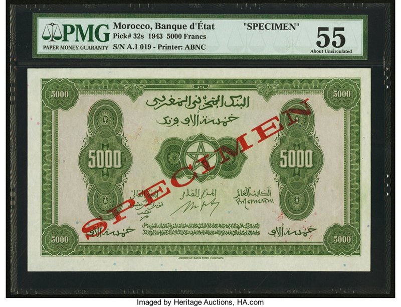 Morocco Banque d'Etat du Maroc 5000 Francs 1.8.1943 Pick 32s Specimen PMG About ...