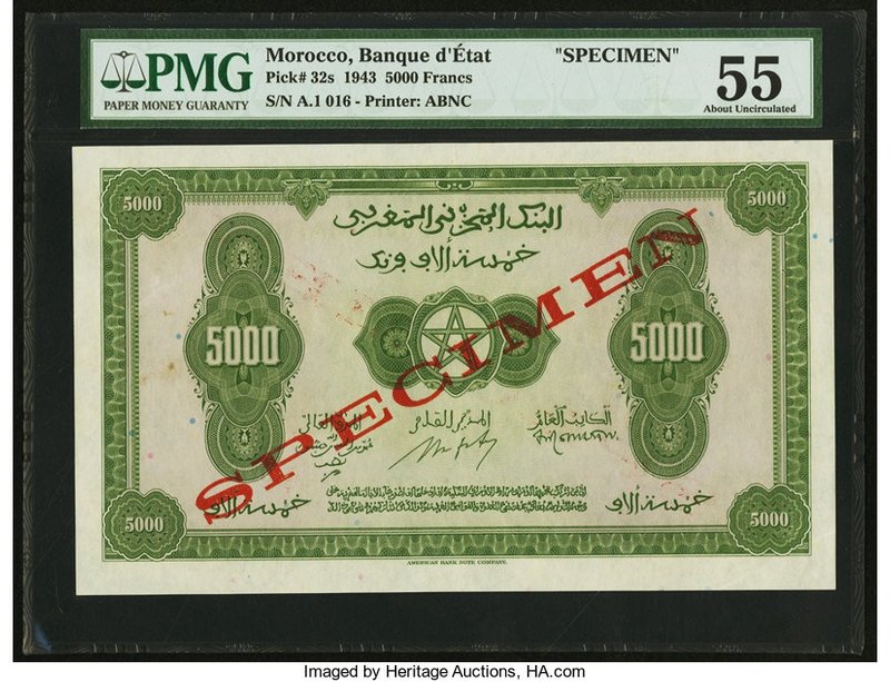 Morocco Banque d'Etat du Maroc 5000 Francs 1.8.1943 Pick 32s Specimen PMG About ...