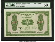 Morocco Banque d'Etat du Maroc 5000 Francs 1.8.1943 Pick 32s Specimen PMG About Uncirculated 53 EPQ, 3 POCs. Another well margined and colorful exampl...