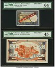 Morocco Banque d'Etat du Maroc 5; 20 Francs 1943 Pick 33s; 39s Two Specimens PMG Choice Uncirculated 64; PMG Choice Extremely Fine 45. Both of these l...