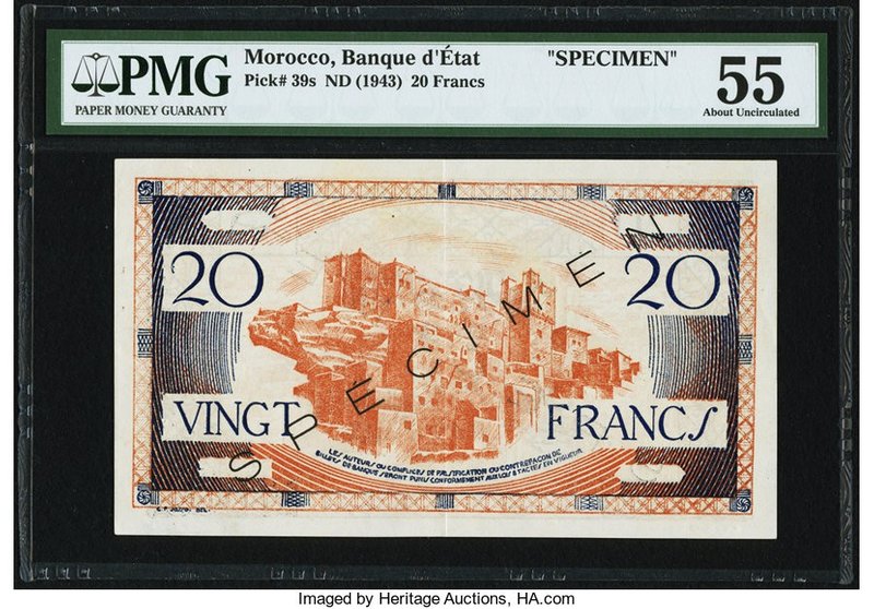 Morocco Banque d'Etat du Maroc 20 Francs ND (1943) Pick 39s Specimen PMG About U...