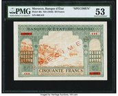 Morocco Banque d'Etat du Maroc 50 Francs ND (1943) Pick 40s Specimen PMG About Uncirculated 53. Another example of this rare wartime Specimen that is ...