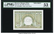 Morocco Banque d'Etat du Maroc 50 Francs ND (1949) Pick 44s Specimen PMG Choice Uncirculated 64. In the top border is the annotation 13-8-51 in pencil...