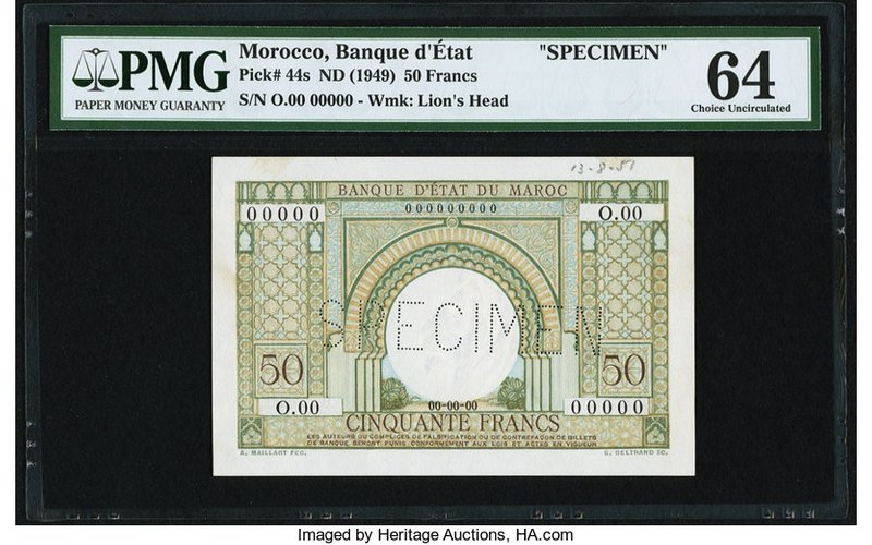 Morocco Banque d'Etat du Maroc 50 Francs ND (1949) Pick 44s Specimen PMG About U...